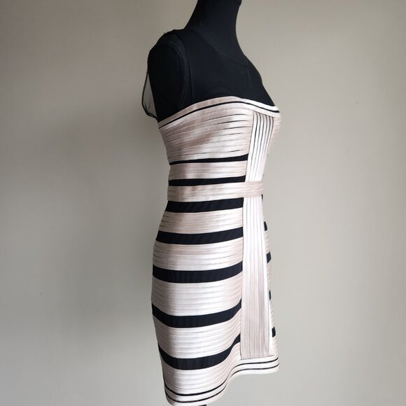 BCBGMaxAzria Brenda Stretch Satin Bandage Bodycon Dress Gold Black Mesh size 10 - Picture 4 of 5
